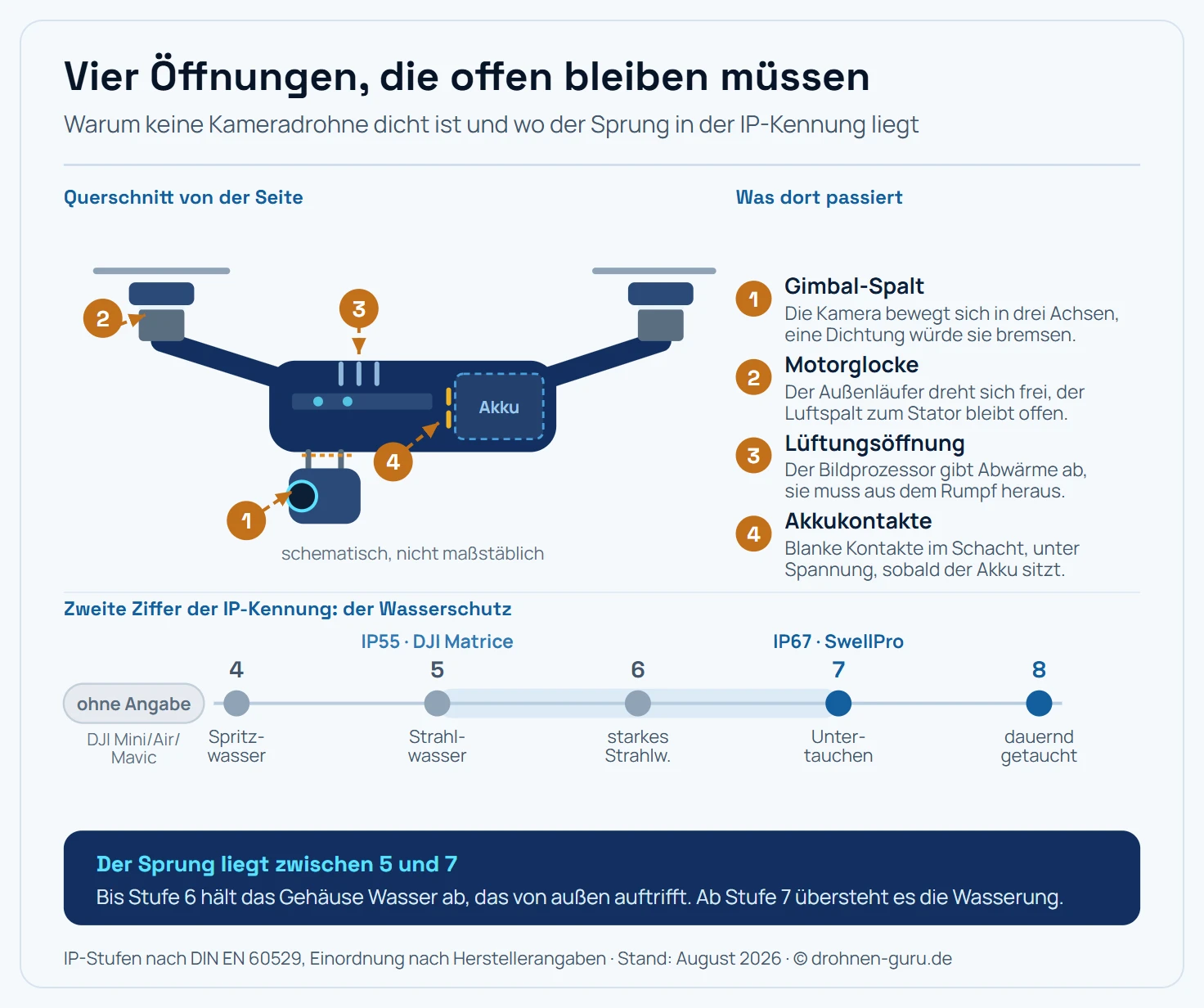 Schematischer Querschnitt durch eine Kameradrohne von der Seite mit vier nummerierten Markern an den Stellen, an denen Wasser eindringt. Marker eins sitzt unten vorn am Gimbal: Zwischen Rumpf und beweglicher Kameraaufhängung bleibt ein Spalt, weil sich die Kamera in drei Achsen bewegen muss und eine Dichtung sie bremsen würde. Marker zwei sitzt oben links an der Motorglocke: Der Außenläufer dreht frei über dem Stator, der Luftspalt dazwischen bleibt offen. Marker drei sitzt seitlich am Rumpf an den Lüftungsöffnungen, durch die die Abwärme des Bildprozessors abgeführt wird. Marker vier sitzt hinten am Akkuschacht an den blanken Kontakten, die unter Spannung stehen, sobald der Akku eingesetzt ist. Rechts daneben steht die Legende mit denselben vier Nummern und je einer Erklärung. Unter dem Querschnitt läuft eine waagerechte Skala der zweiten IP-Ziffer über die Stufen 4 Spritzwasser, 5 Strahlwasser, 6 starkes Strahlwasser, 7 zeitweiliges Untertauchen bis ein Meter für dreißig Minuten und 8 dauerndes Untertauchen. Drei Geräteklassen sind darauf eingeordnet: Consumer-Drohnen von DJI aus den Reihen Mini, Air und Mavic stehen ohne jede Angabe grau links außerhalb der Skala, die DJI-Matrice-Reihe mit IP55 steht bei Stufe fünf, die SwellPro SplashDrone mit IP67 bei Stufe sieben. Der Abschnitt zwischen Stufe fünf und Stufe sieben ist als der entscheidende Sprung hervorgehoben. Hinweisleiste: Erst ab der zweiten Ziffer 7 übersteht eine Drohne den Kontakt mit der Wasseroberfläche, alles darunter schützt gegen Wasser, das von außen auf das Gehäuse trifft. Schematisch, nicht maßstäblich.