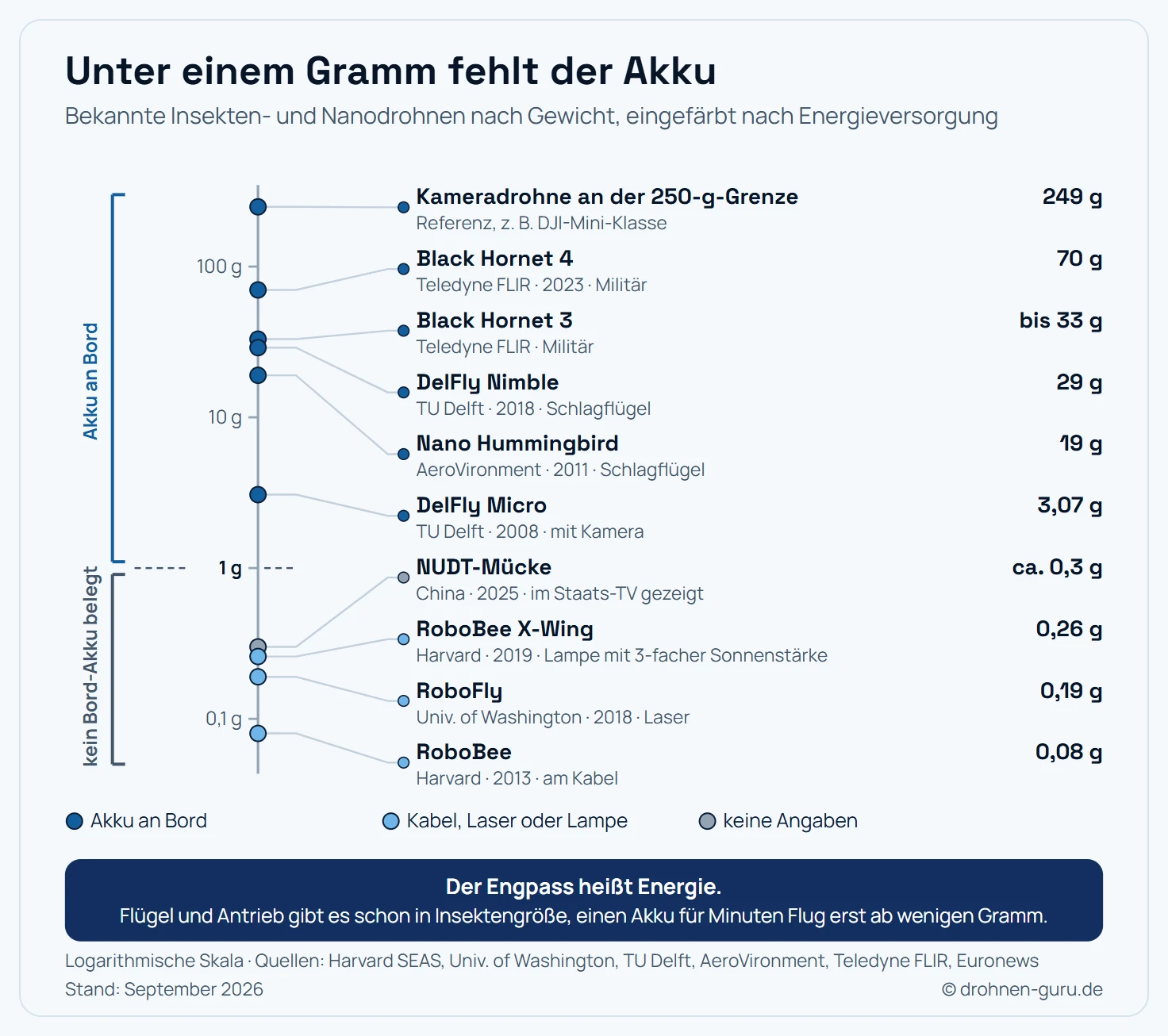 Gewichtsleiter bekannter Insekten- und Nanodrohnen auf logarithmischer Skala von 0,05 bis 300 Gramm. Mit Akku an Bord: Kameradrohne an der 250-Gramm-Grenze mit 249 Gramm als Referenz, Black Hornet 4 mit 70 Gramm, Black Hornet 3 mit bis zu 33 Gramm, DelFly Nimble mit 29 Gramm, Nano Hummingbird mit 19 Gramm und DelFly Micro mit 3,07 Gramm. Unter einem Gramm ist kein Bord-Akku belegt: NUDT-Mücke mit etwa 0,3 Gramm ohne Angaben zur Energie, RoboBee X-Wing mit 0,26 Gramm unter Lampen mit dreifacher Sonnenstärke, RoboFly mit 0,19 Gramm per Laser und RoboBee mit 0,08 Gramm am Kabel.