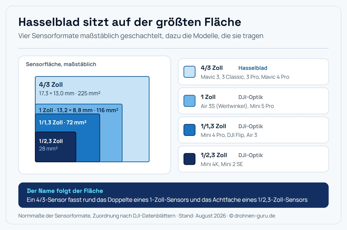 Maßstäblicher Flächenvergleich der Sensorformate 4/3 Zoll mit 225 Quadratmillimetern, 1 Zoll mit 116, 1/1,3 Zoll mit 72 und 1/2,3 Zoll mit 28 Quadratmillimetern, dazu die Zuordnung der DJI-Modelle je Klasse.